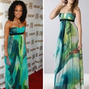 BCBGMaxazria Watercolor Chiffon Strapless Gown